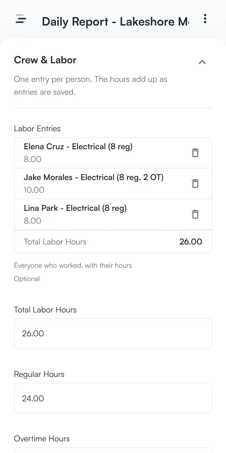 The crew and labor section of a daily report listing three crew members with their hours and a total of 26.00 labor hours.