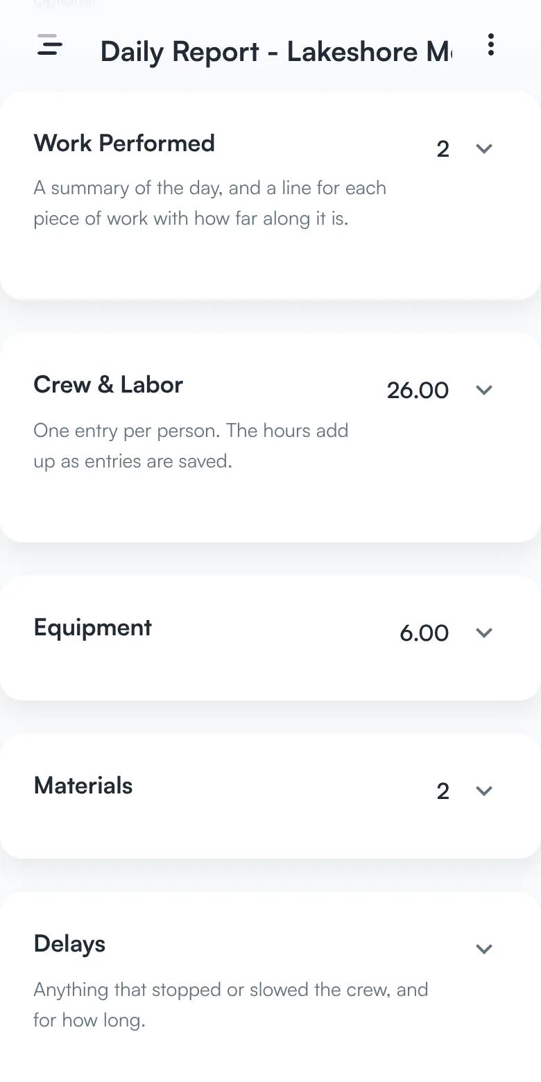 A daily report with its sections folded and each header showing a total: 2 activities, 26.00 labor hours, 6.00 equipment hours, and 2 material lines.