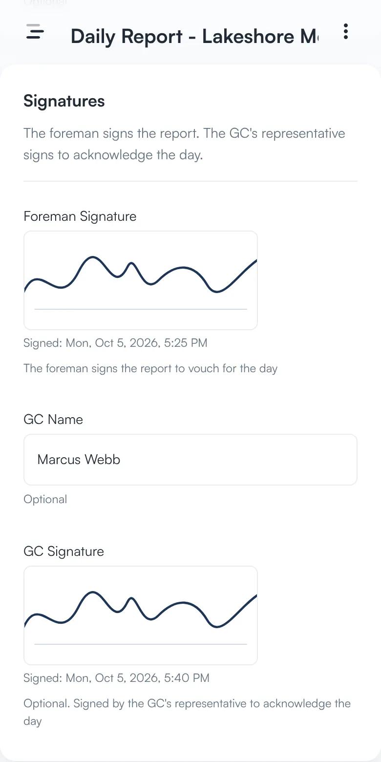 The signatures section of a daily report with the foreman’s signature, the GC’s name, and the GC’s signature.