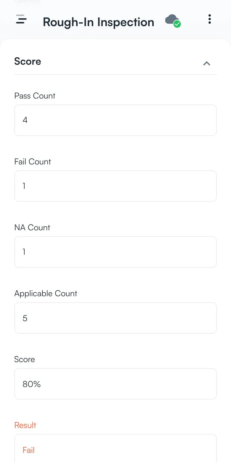 The score section of an inspection with 4 passes, 1 fail, 1 not applicable, a score of 80%, and a result of Fail.
