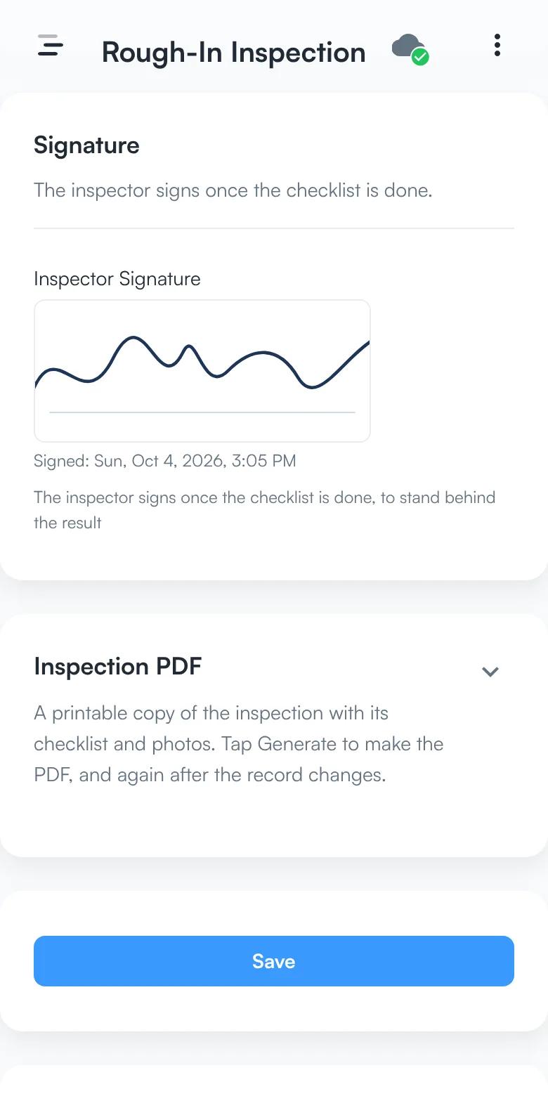The signature section of an inspection with the inspector’s signature and when it was signed.