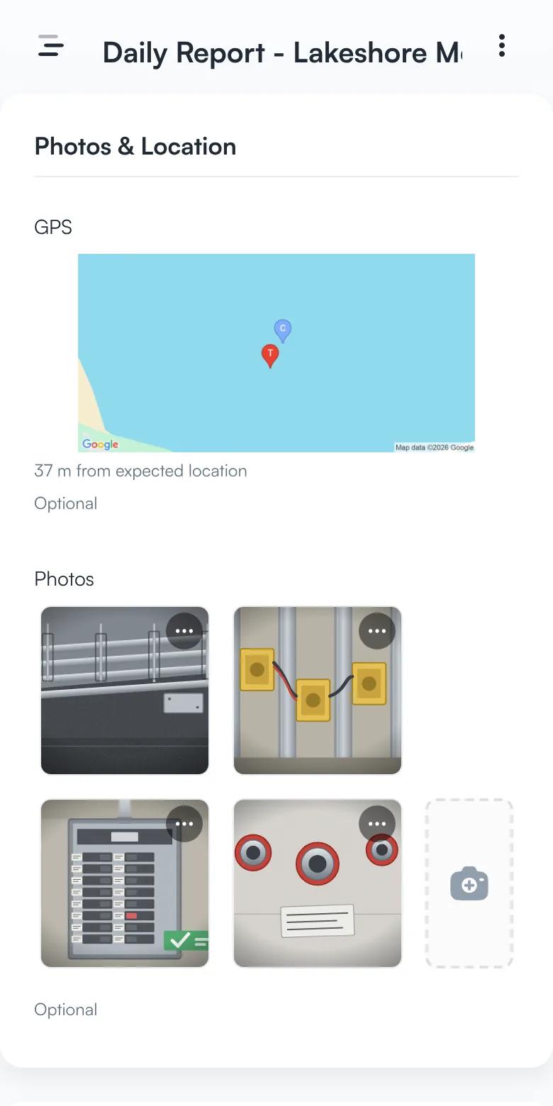 The photos and location section of a daily report with a map, a GPS stamp 37 meters from the expected location, and four photos.
