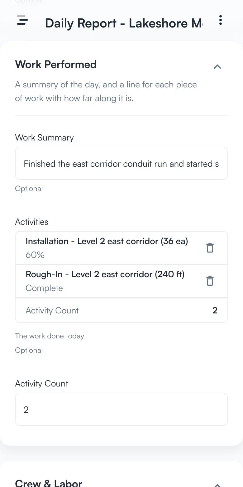 The work performed section of a daily report with two activities, one at 60 percent and one complete.
