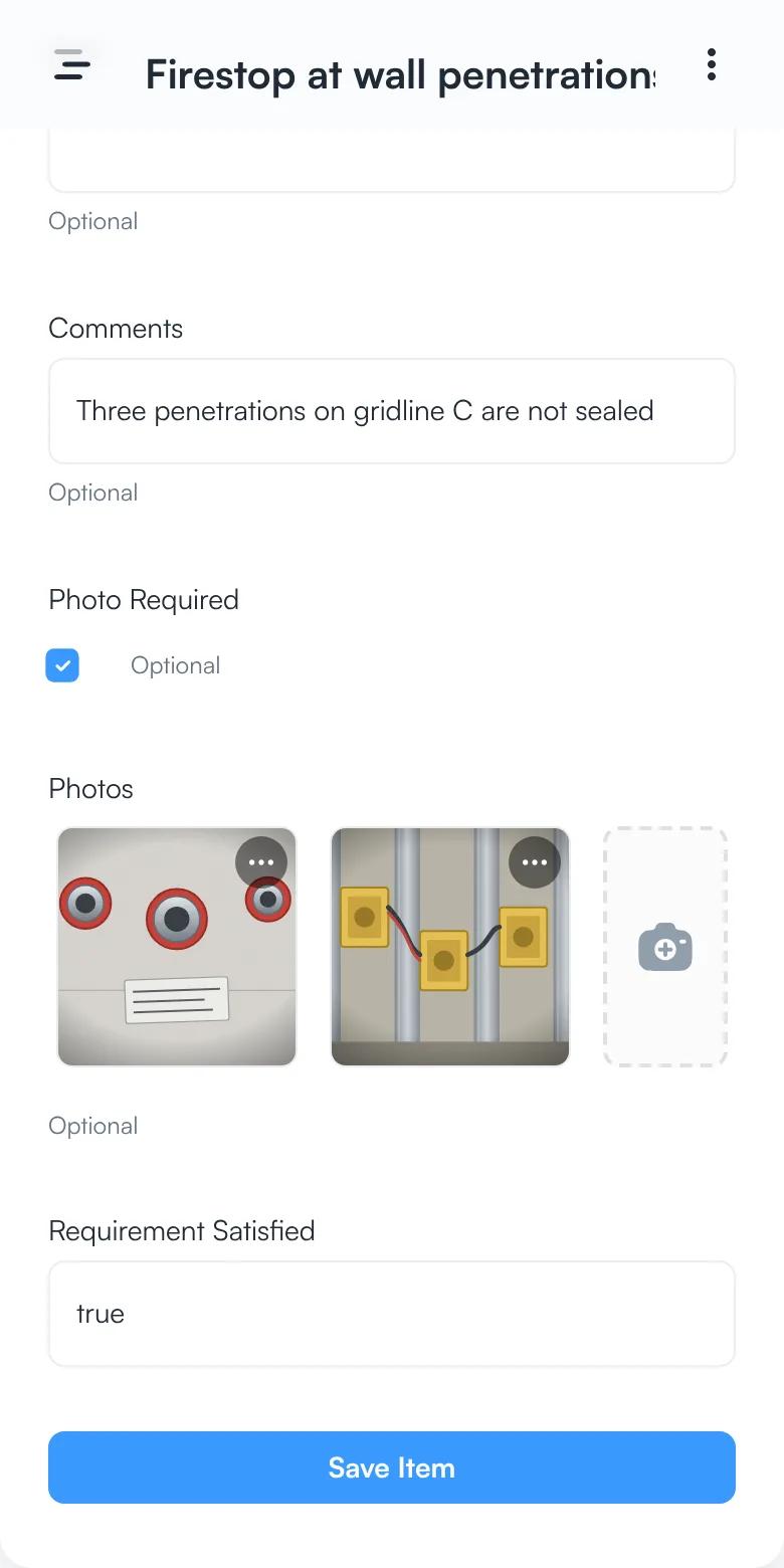 A failed inspection item with Photo Required checked, two photos attached, and Requirement Satisfied showing true.