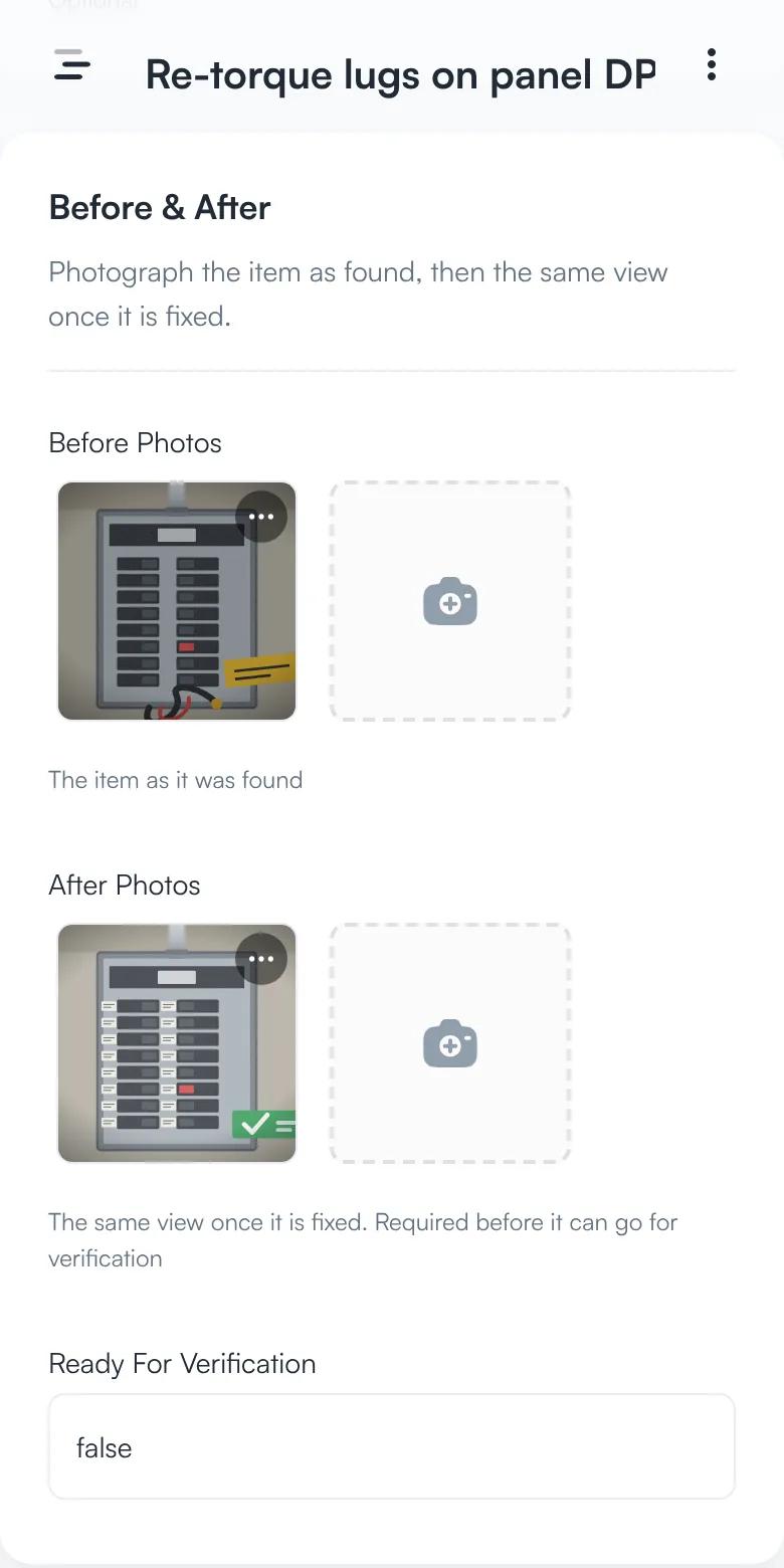 The before and after section of a punch item with one photo of an electrical panel as found and one after the fix.
