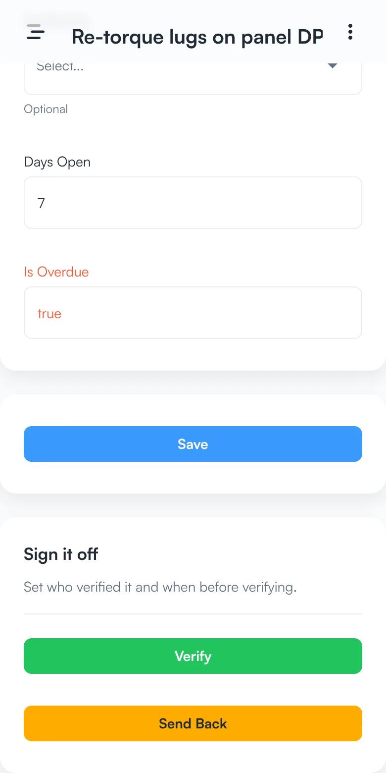 The sign-off buttons of a punch item, Verify and Send Back.