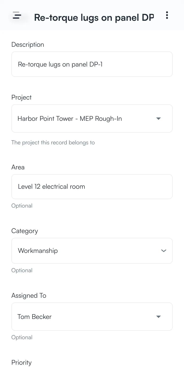 A punch item form with its description, project, area, category, assigned person, and priority.