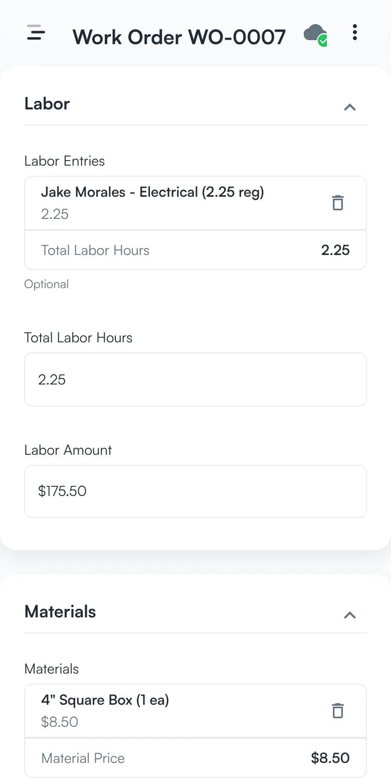 The labor and materials sections of a work order with one labor entry of 2.25 hours, $175.50 of labor, and one material at $8.50.