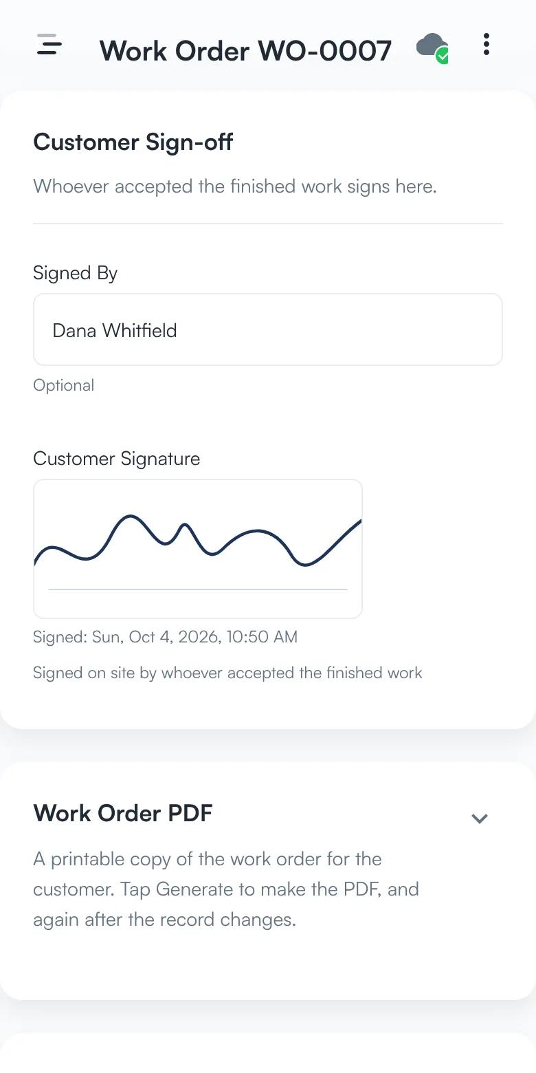 The customer sign-off section of a work order with the name of who signed and a drawn signature.